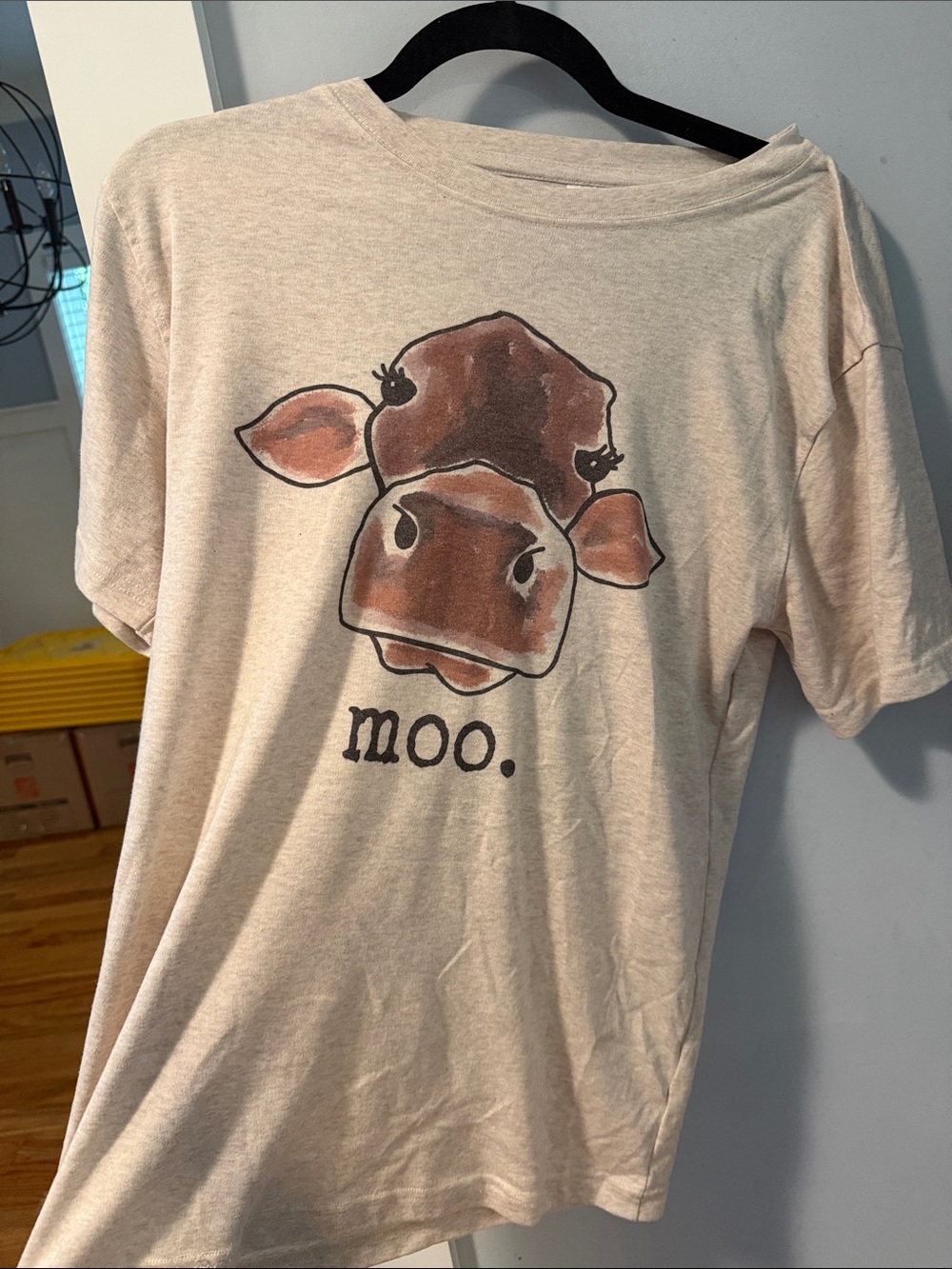 Cream Graphic Tee with Brown Cow Illustration